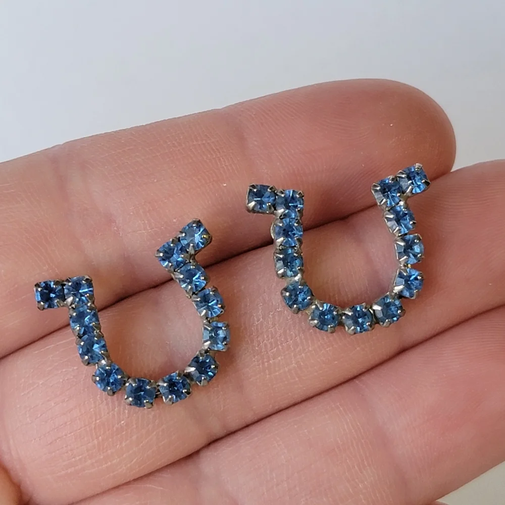 Rhinestone Horseshoe Earrings Sapphire Blue Color